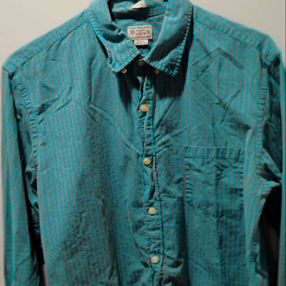 Men's J Crew Teal And Grey Slim Fit Checkered Shirt